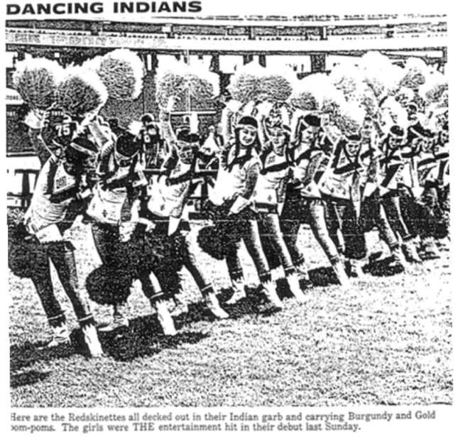 Here are the Redskinettes all decked out in their Indian garb and carrying Burgundy and Gold pom-poms.