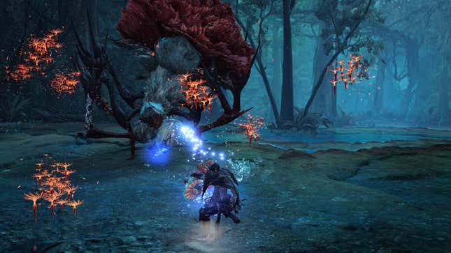 A Lala Barina with a blue Tempered Wound faces off against a hunter.