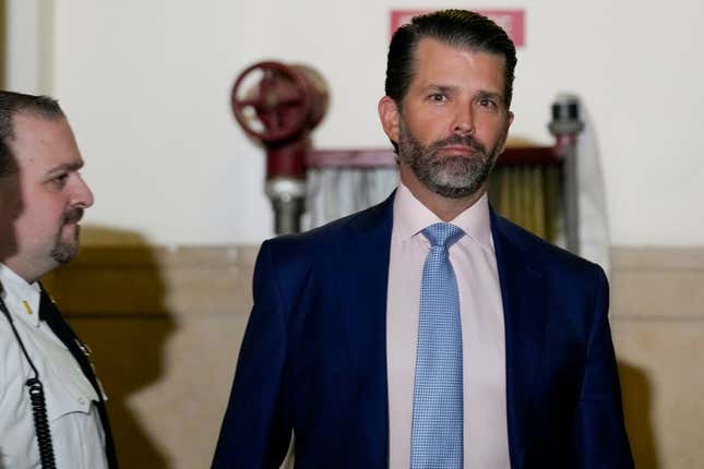 Donald Trump Jr. arrives at New York Supreme Court, , Thursday, Nov. 2, 2023, in New York. (AP Photo/Seth Wenig)