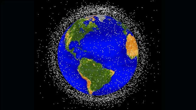 An illustration mapping the junk around the Earth. 