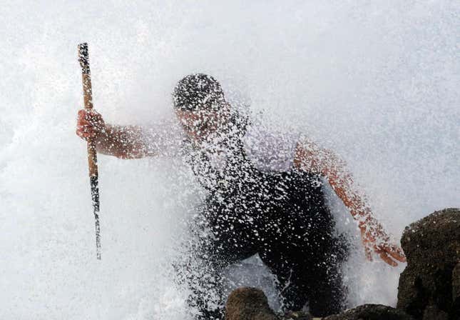 A ‘percebeiro’ emerges from a wave.