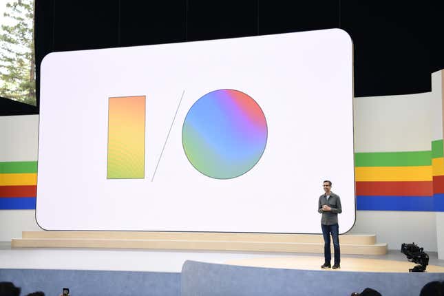 Google CEO Sundar Pichai delivers keynote address during Google I/O 2024.