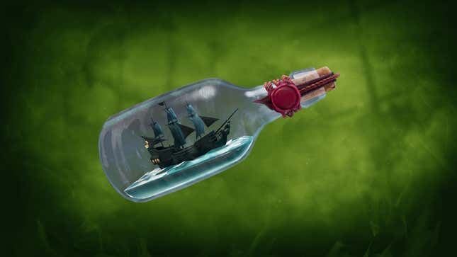 A ship in a bottle floats against a gradient.