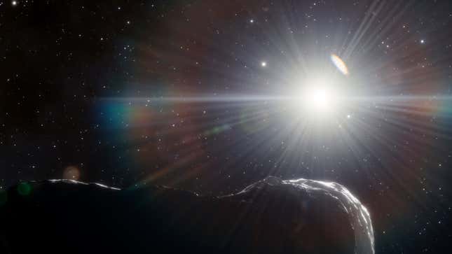 Una ilustración de un asteroide pasando frente al Sol.