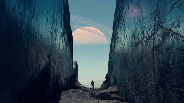 A small human figure stands alone on a barren 'Starfield' planet, framed by two sheer cliffs.