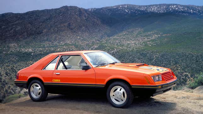 Orange 1979 Ford Mustang front three-quarter angle view