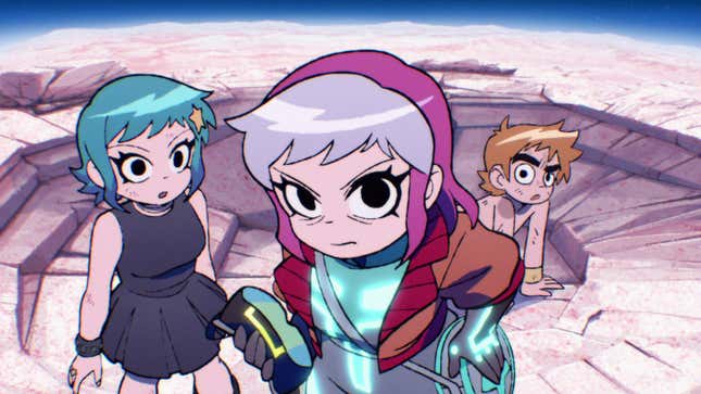 An older Ramona stands next to Ramona and Scott in a battlefield.