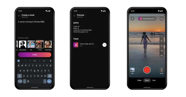 An image showing a phone with the Dream Track software creating a song for a YouTube Short.