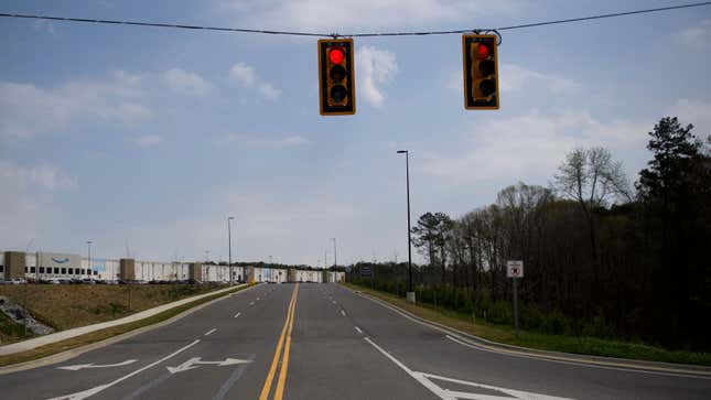 Red traffic lights at an intersection. 