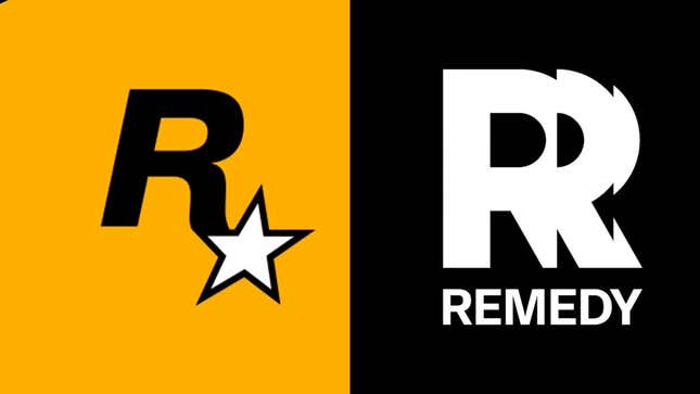 A side-by-side comparison image of Rockstar Games "R" logo (left) and Remedy Entertainment's "R" logo (right).