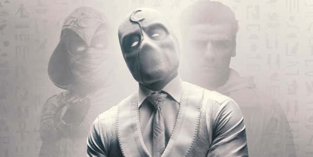 Oscar Isaac as the Mr. Knight persona in Moon Knight, with his other two personalities in the background. 