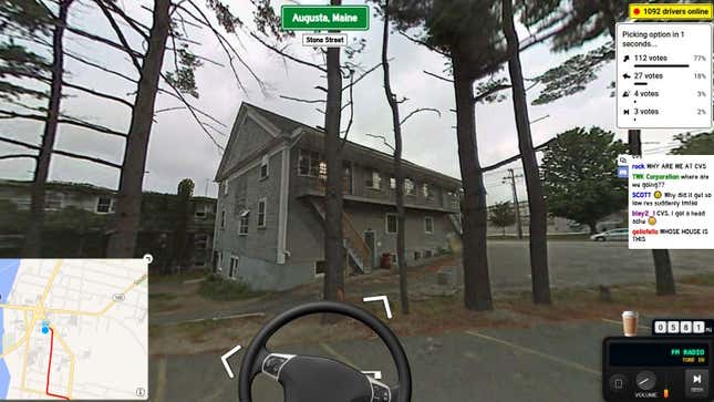 A Google Street View image of a car driving toward a spooky house in Augusta, Maine.