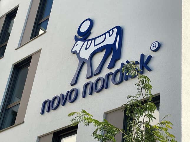 The logo of the Danish pharmaceutical company Novo Nordisk on the facade of the new German headquarters.