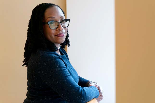 Judge Ketanji Brown Jackson, a U.S. Circuit Judge on the U.S. Court of Appeals for the District of Columbia Circuit, poses for a portrait, Friday, Feb., 18, 2022, in her office at the court in Washington.