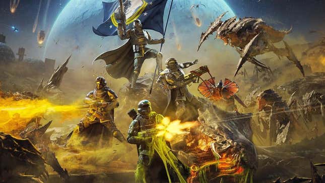 The Helldivers fight the bugs while holding the flag. 