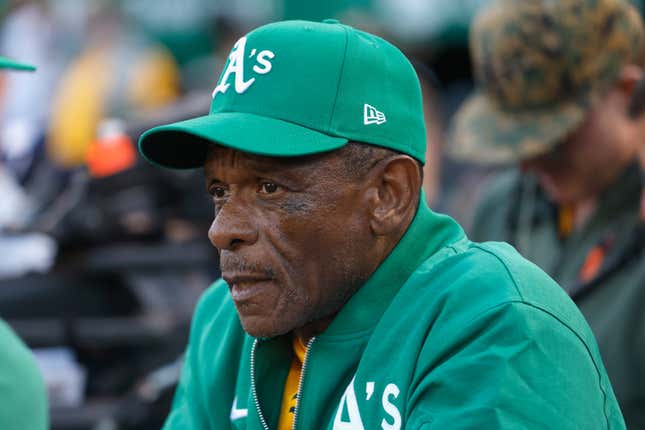 Former Oakland Athletics player Rickey Henderson looks on prior to the game between the Texas Rangers and the Oakland Athletics at RingCentral Coliseum on Wednesday, September 25, 2024 in Oakland, California.