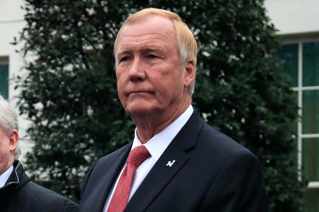 FILE - NuScale Power chairman and CEO John L. Hopkins, listen outside the West Wing of the White House in Washington, following the energy executives&#39; meeting with President Donald Trump on Feb. 12, 2019. A project to build a first-of-a-kind small modular nuclear reactor power plant was terminated Nov. 8, 2023, another blow to the Biden administration&#39;s clean energy agenda following cancellations last week of two major offshore wind projects. Oregon-based NuScale Power has the only small modular nuclear reactor design certified for use in the United States. (AP Photo/Manuel Balce Ceneta, File)