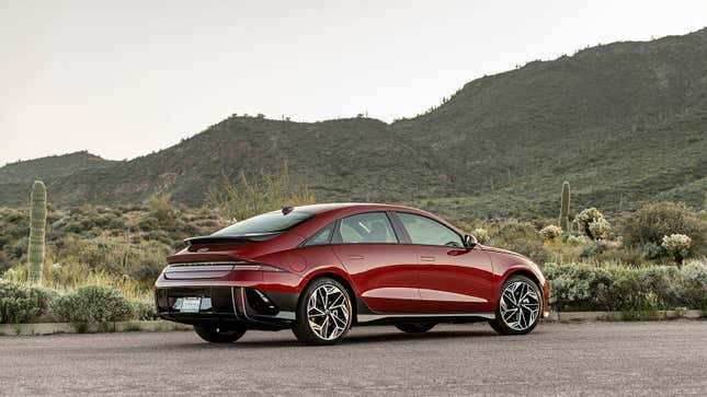 A photo of a red Hyundai Ioniq 6 sedan. 