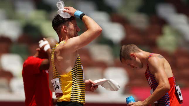 Kai Kazmirek of Team Germany puts an ice pack on his head during the Men's Decathlon on day 12 of the Tokyo 2020 Olympic Games on Aug. 4, 2021.