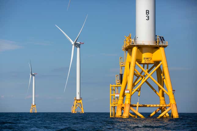 FILE - Three wind turbines stand in the water off Block Island, R.I, the nation&#39;s first offshore wind farm, Aug. 15, 2016. Four tracts of federal Gulf of Mexico waters of the coasts of Texas and Louisiana, ranging in size from nearly 57,000 acres (23,100 hectares) to over 495,000 acres (200,230 hectares), were designated Thursday, Oct. 27, 2023, for development of wind energy by the Biden administration. (AP Photo/Michael Dwyer, File)