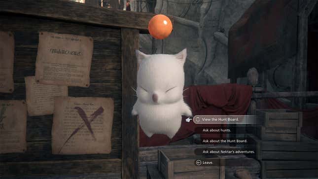 A moogle floats in front of the Hunt Board in Final Fantasy XVI.