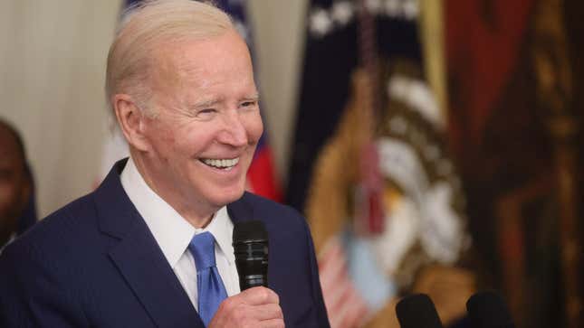 U.S. President Joe Biden looks on as he takes part in a ceremony to present Commander-in-Chief's trophy to Air Force Falcons in the East Room at the White House, in Washington, U.S., April 28, 2023.