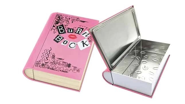 Two juxtaposed images of the same item. On the left, it is closed and we can see that it is a case meant to resemble the pink-covered Burn Book from Mean Girls. On the right, it is open, displaying where the tasty popcorn would go.