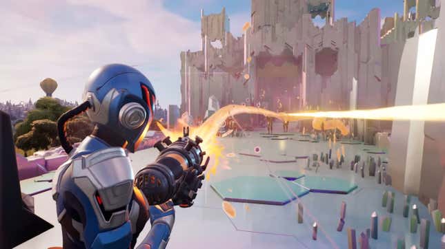 A Fortnite character fires what looks a lot like paint from its gun at opposing players.