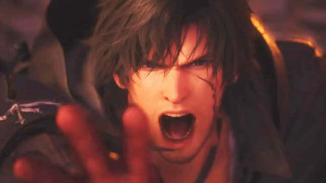 A screenshot shows a screaming man from FF16. 