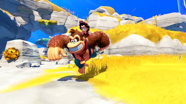 A young girl rides on Donkey Kong's back as he races across a field.