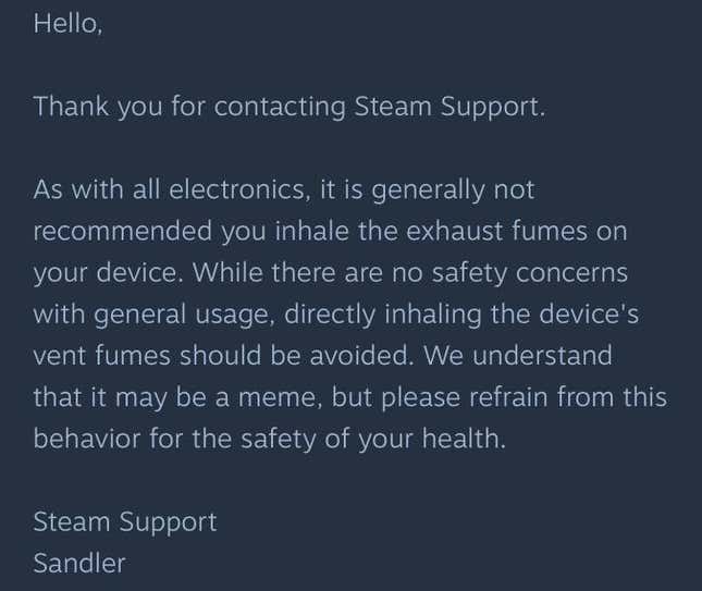 La captura de pantalla muestra el mensaje enviado por Valve cuando se le preguntó sobre las tragamonedas Steam Deck.
