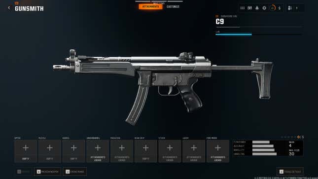 The C9 gunsmith screen in Black Ops 6