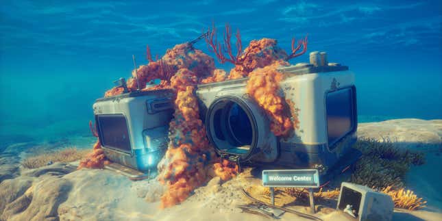 An under water facility is covered in barnacles.