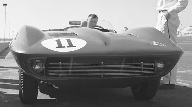 A photo of a corvette Stingray race car in black and white. 