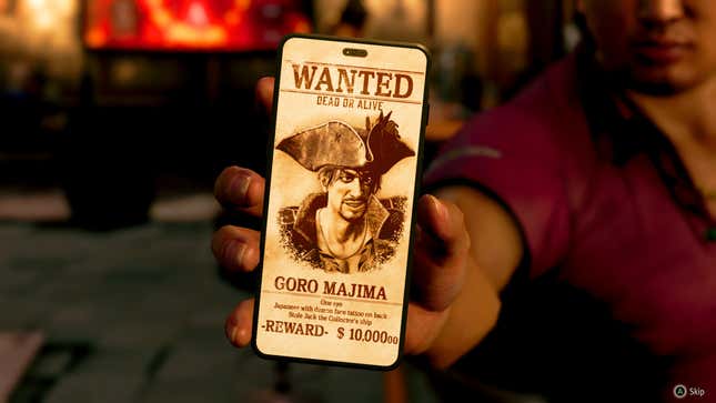 A phone notification displays a bounty for Goro Majima in Like a Dragon: Pirate Yakuza in Hawaii.