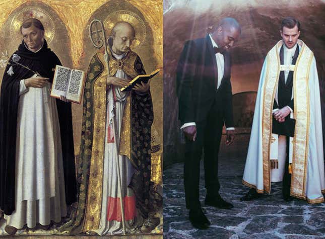 Left: Perugia Altarpiece left panel by Fra Angelico, 1437. Right: Kanye West and Pastor Rich Wilkerson Jr at Kim & Kanye’s wedding. May 24, 2014 Florence Italy.