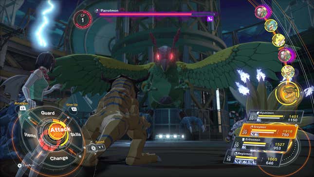 A battle between the protagonist and Parrotmon.