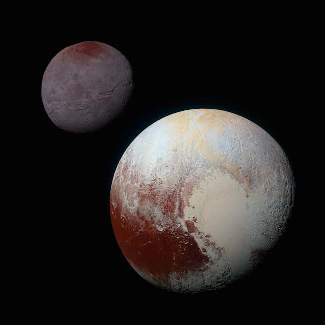 Pluto in the foreground and Charon in the background. 