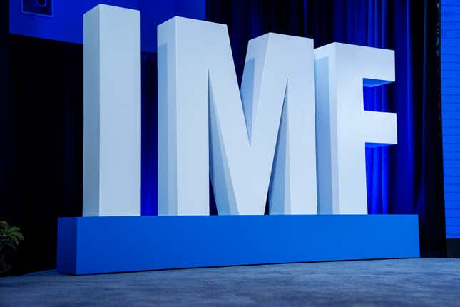 Letters spell out IMF during a news conference about the International Monetary Fund&#39;s (IMF) World Economic Outlook report, during the IMF Spring Meetings, Tuesday, April 16, 2024, in Washington. (AP Photo/Jacquelyn Martin)