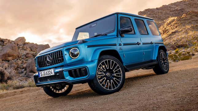 Front 3/4 view of a Hyper Blue 2025 Mercedes-AMG G63