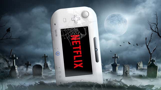 A Wii U tablet stuck in the ground like a tombstone displays the Netflix logo.