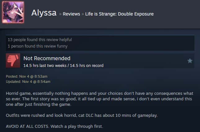 A screenshot shows a Steam review of Life is Strange: Double Exposure.