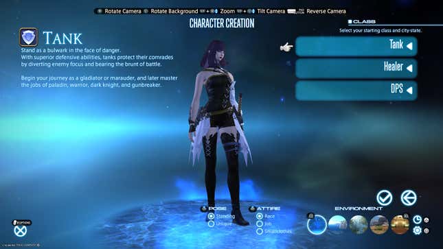 A character creation selection screen shows different class options.