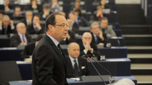 French president Francois Hollande delivers his speech at the European Parliament Tuesday, Feb. 5, 2013, in Strasbourg, eastern France. Hollande warns of a tough European Union summit later this week if countries including Britain continue to demand drastic cuts to the EU budget while refusing to make concessions themselves.