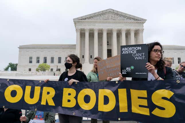 Demonstrators protest outside of the U.S. Supreme Court Tuesday, May 3, 2022 in Washington. A draft opinion suggests the U.S. Supreme Court could be poised to overturn the landmark 1973 Roe v. Wade case that legalized abortion nationwide, according to a Politico report released Monday. Whatever the outcome, the Politico report represents an extremely rare breach of the court’s secretive deliberation process, and on a case of surpassing importance.