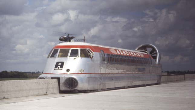 A photo of an Aérotrain prototype testing. 