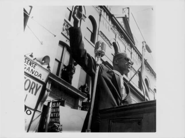 alcolm X speaking on stage at a rally, New York, circa 1960-1965.