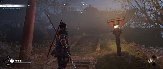 Yasuke stands on a path to a pagoda.