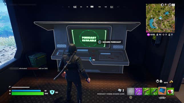 A player dressed as John Wick looks at a large computer terminal.