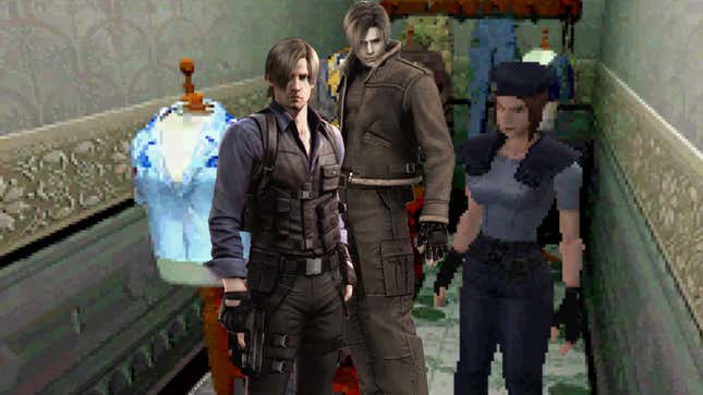 Multiple versions of Leon Kennedy stand in a pixellated Resident Evil closet.